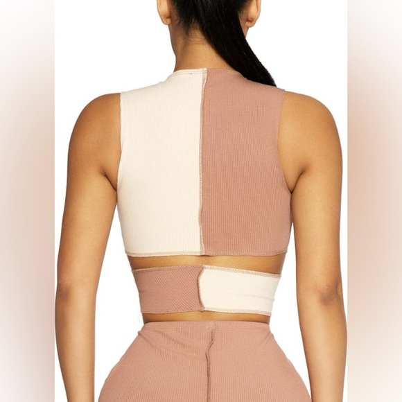 NAKED WARDROBE Ribbed Criss Cross Crop Top Size Medium Neutral Tan Y2K Retro 90s - Picture 2 of 10